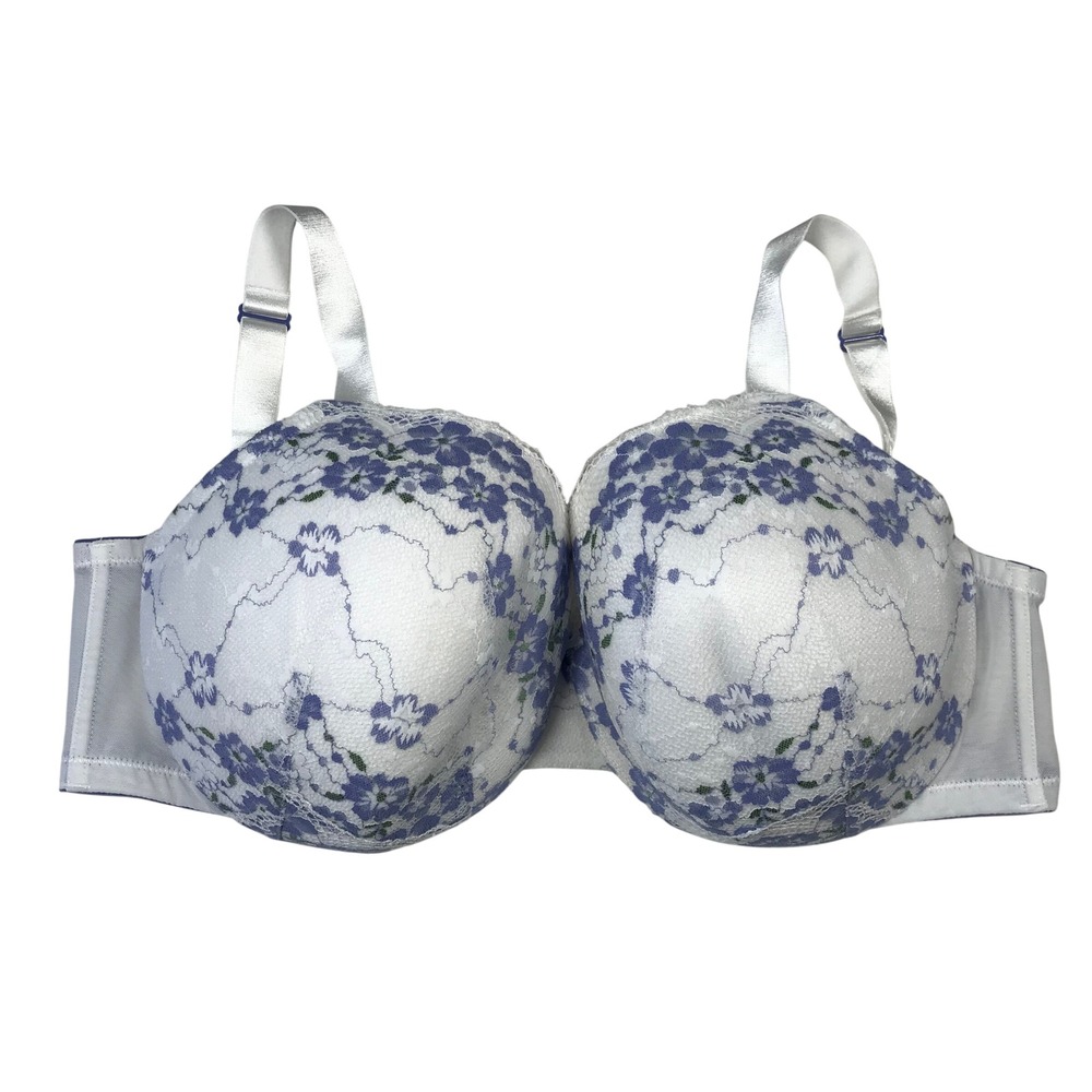 Cacique 40F Full Coverage Underwire Bra White Purple Floral Lace Padded‎ Plus Sz